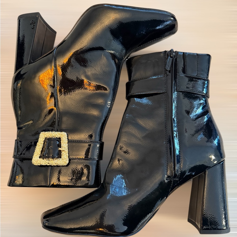 Sam Edelman Shiny Black Heeled Boots with Gold Buckle